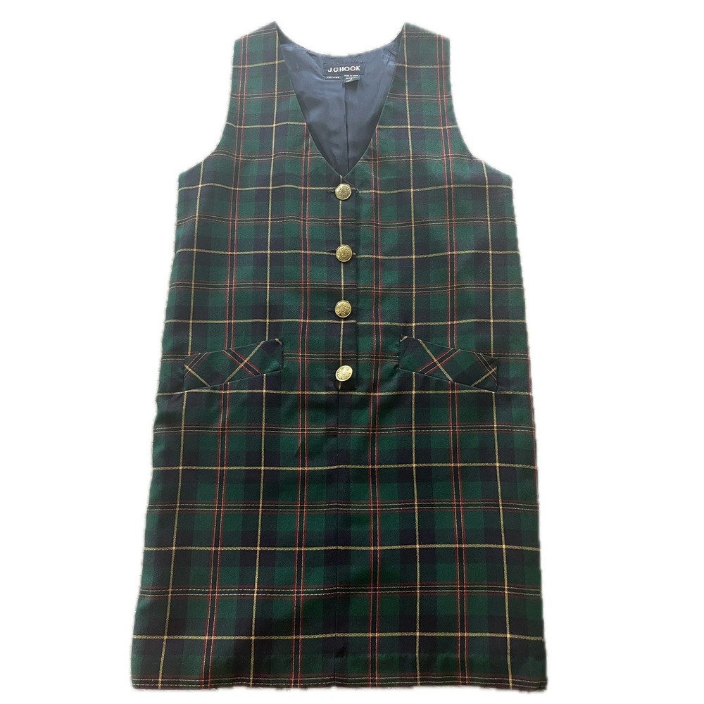 Vintage 90s Green Plaid Jumper Dress Womens 10P Gold Button Shift Prep Academia